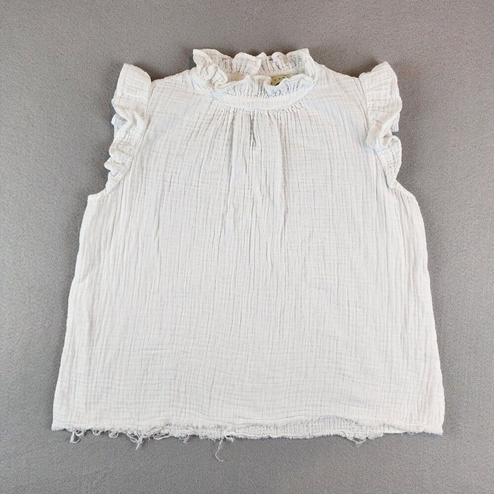 Stark X Muslin Texture Cotton Top Raw Fray Hem White Beachy Blouse Ruffle‎ Sz Sm